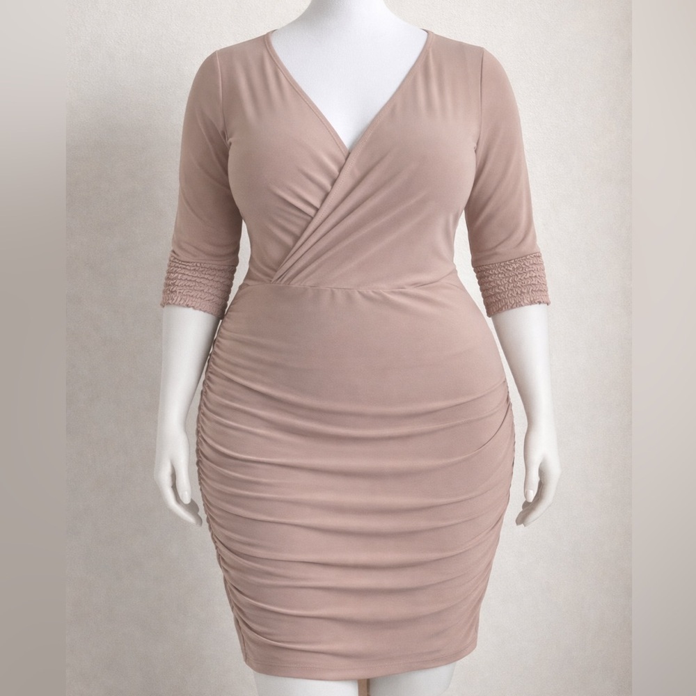Fashion to Figure 2X Taupe Ruched Wrap Bodycon Dress | Textured Sleeve | NWT